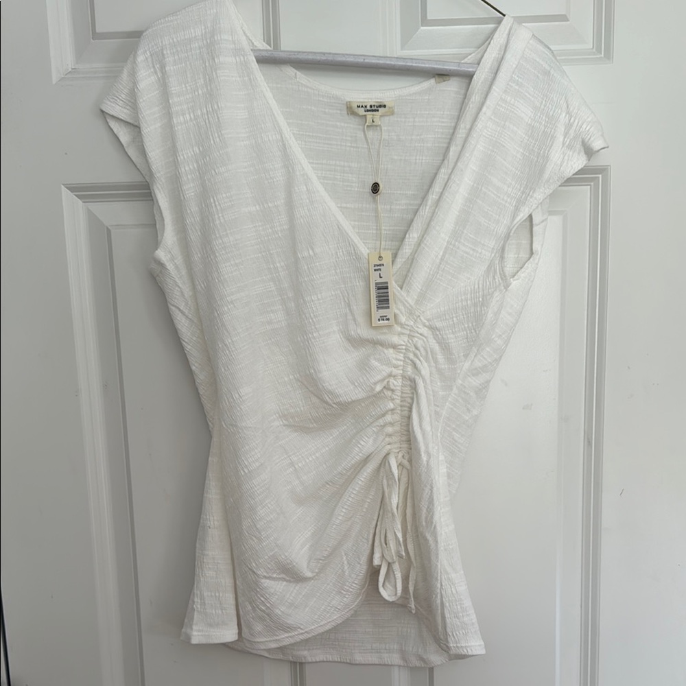 Max Studio Cream Asymmetrical Cap Sleeve Blouse
